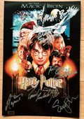 A cast autographed Harry Potter and the Sorcerer's Stone poster, signed photo of Daniel Radcliffe, Emma Watson, Alan Rickman, Rupert Grint, Robbie Coltrane and Maggie Smith in silver ink marker signatures. Photograph autographs for sale on 8x12 inch picture.