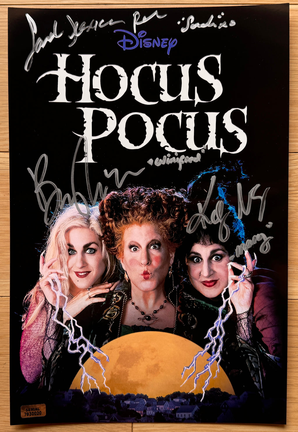A cast signed Hocus Pocus movie poster. Signed photo of Bette Midler, Sarah Jessica Parker and Kathy Najimy in silver ink markers signatures. Photograph autographs for sale on 8x12 inch picture. Halloween movie.