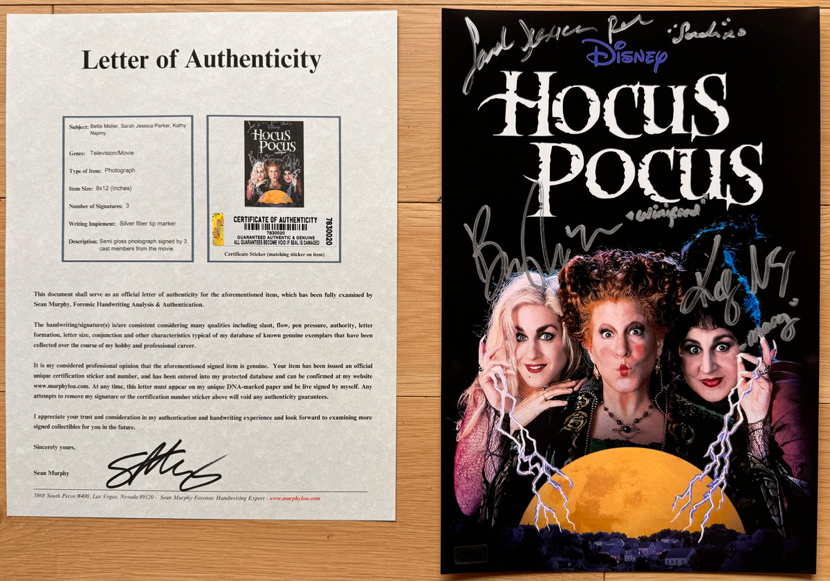 A signed Hocus Pocus movie poster. Signed photo of Bette Midler, Sarah Jessica Parker and Kathy Najimy in silver ink markers. Photograph autographs for sale on 8x12 inch picture. Halloween movie with COA.
