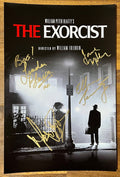 A cast autographed poster of the horror movie, The Exorcist. Signed photo of Linda Blair, Ellen Burstyn, Max Von Sydow and Jason Miller in gold ink marker signatures. Photograph autographs for sale on 8x12 inch picture.