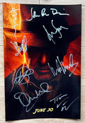 A cast autographed photo poster of the movie Indiana Jones and the Dial of Destiny. Signed poster by Harrison Ford, Phoebe Waller-Bridge, Mads Mikkelsen, Boyd Holbrook, Antonio Banderas, John Rhys-Davies, Toby Jones and Thomas Kretschmann in silver ink markers signatures. Photograph Harrison Ford autographs for sale on an 8x12 inch picture.