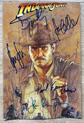 A cast autographed poster of the movie, Indiana Jones and the Raiders of the Lost Ark. Signed photo of Harrison Ford, Karen Allen, Steven Spielberg, Paul Freeman and John Rhys-Davies in blue ink marker signatures. Photograph autographs for sale on 8x12 inch picture.
