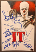 A cast autographed photo poster of the 1990 horror series, IT featuring pennywise the clown. Signed photograph of Tim Curry, Richard Thomas, John Ritter, Tim Reid, Annette O'Toole, Harry Anderson, Dennis Christopher and Richard Masur in blue ink marker signatures. Photograph Tim Curry it autographs for sale on 8x12 inch picture.