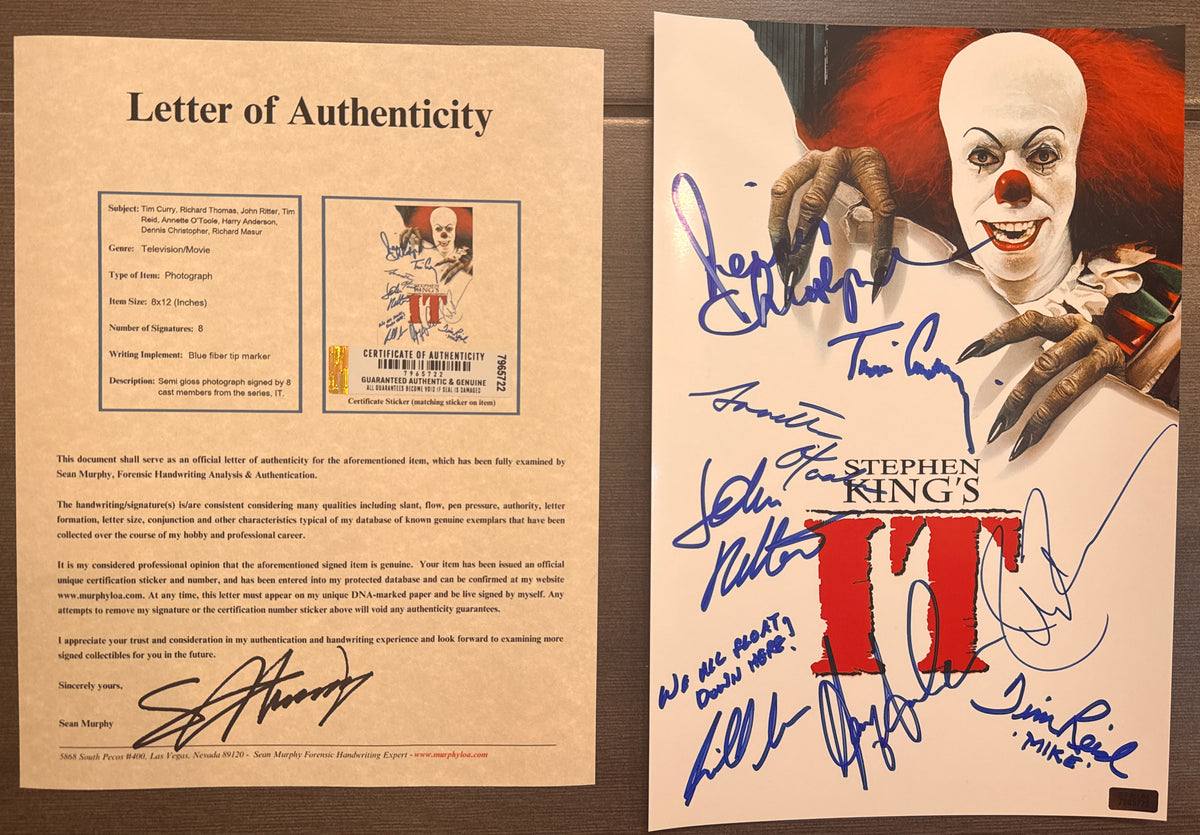 A cast autographed photo poster of the 1990 horror series, IT featuring pennywise the clown. Signed photograph of Tim Curry, Richard Thomas, John Ritter, Tim Reid, Annette O'Toole, Harry Anderson, Dennis Christopher and Richard Masur in blue ink marker signatures. Photograph Tim Curry it autographs for sale on 8x12 inch picture with COA.
