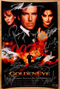A cast autographed poster from the James Bond movie, 007 Goldeneye. Signed photo of Pierce Brosnan, Sean Bean, Izabella Scorupco, Famke Janssen, Joe Don Baker, Judi Dench, Robbie Coltrane and Alan Cumming in silver ink marker signatures. Photographs goldeneye autographs for sale on 8x12 inch picture.