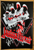 An autographed photo poster of the heavy metal band, Judas Priest. Signed photo of Rob Halford, Dave Holland, K.K. Downing, Glenn Tipton and Ian Hill in silver ink marker signatures. Photograph Judas Priest autographs for sale on 8x12 inch picture.