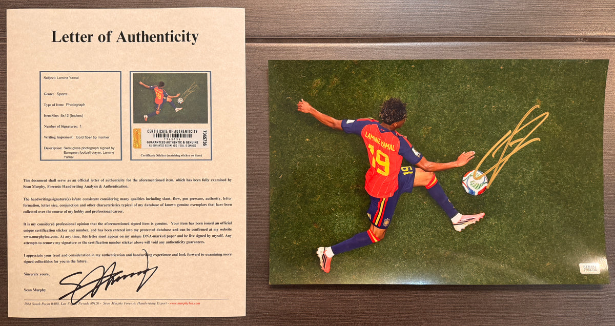 An autographed rc rookie patch auto photo poster of FIFA Barcelona Spain soccer european football player, Lamine Yamal. Signed photo in gold ink marker signatures. Photograph Lamine Yamal autographs for sale on 8x12 inch picture with COA.