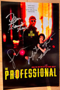 An autographed movie poster for the film 'Leon The Professional'. photograph signed by Natalie Portman, Jean Reno and Gary Oldman in silver ink. autographs signed on photo 8x12 inch in size. Natalie Portman autographs for sale.