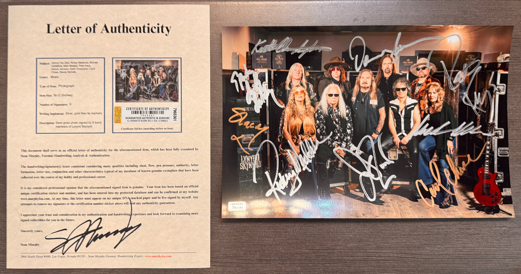 An autographed poster of the band Lynyrd Skynyrd. signed photo of Johnny Van Zant, Rickey Medlocke, Michael Cartellone, Mark Matejka, Peter Keys, Damon Johnson, Keith Christopher, Carol Chase and Stacey Michelle. photograph autographs for sale. 8x12 inch picture with COA.