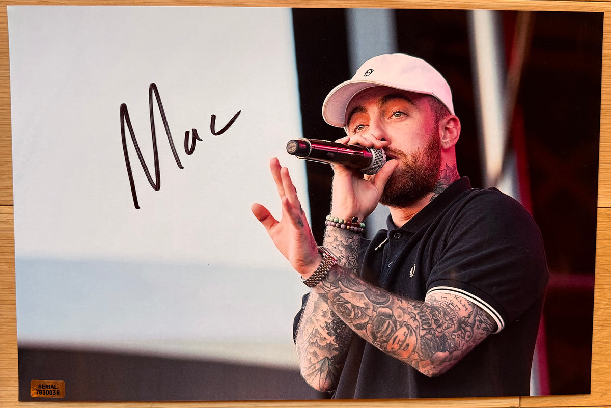 An autographed photo poster of musician hiphope rapper, Mac Miller. Signed photograph in black marker signatures. Photograph Mac Miller autographs for sale on picture.