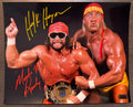 An autographed 8x10 photograph of professional wrestlers Hulk Hogan and Randy Savage posing together against a black background, featuring their signatures in yellow and red marker. Signed autographs auto on 8x12 inch picture. Photograph autographs for sale.