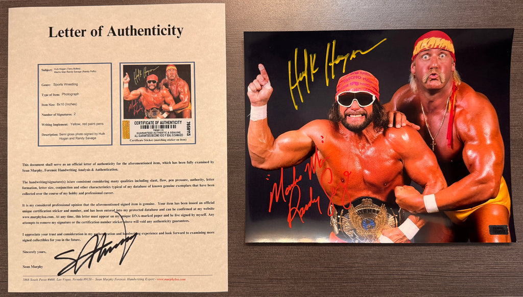 An autographed 8x10 photograph of professional wrestlers Hulk Hogan and Randy Savage posing together against a black background, featuring their signatures in yellow and red marker. Signed autographs auto on 8x12 inch picture. Photograph autographs for sale with COA.