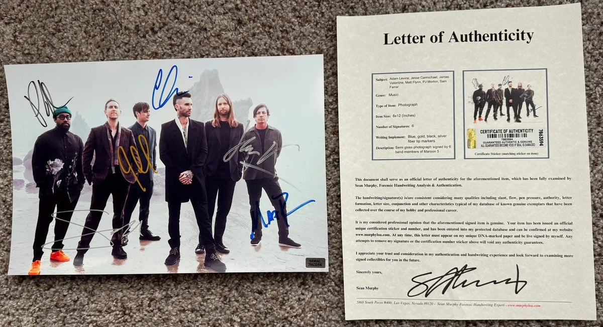 An autographed photo of the band Maroon 5. Signed poster by Adam Levine, Jesse Carmichael, James Valentine, Matt Flynn, PJ Morton and Sam Farrar in blue black gold and silver marker ink. photograph autographs for sale. 8x12 inch picture with COA.