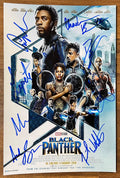 a cast autographed photo poster of marvels movie,  Black Panther. Signed poster of Chadwick Boseman, Danai Gurira, Lupita Nyong'o, Michael B. Jordan, Forrest Whitaker, Andy Serkis, Martin Freeman, Daniel Kaluuya and Angela Bassett in blue ink marker signatures. photograph Chadwick Boseman autographs for sale on 8x12 inch picture.