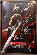 An autographed Masters of the Universe: The Movie poster. Signed photo of Nicholas Galitzine, Camila Mendes, Alison Brie, Morena Baccarin, James Purefoy, Idris Elba, Jared Leto, Kristen Wiig in silver ink marker signatures. Photograph autographs for sale on 8x12 inch picture.