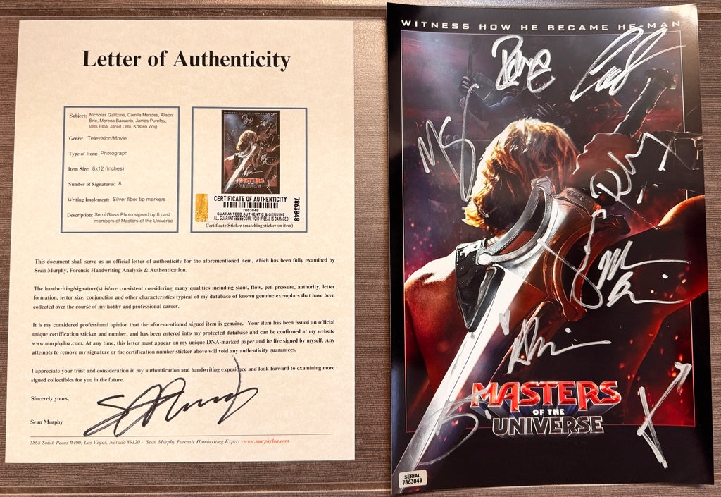 An autographed Masters of the Universe: The Movie poster. Signed photo of Nicholas Galitzine, Camila Mendes, Alison Brie, Morena Baccarin, James Purefoy, Idris Elba, Jared Leto, Kristen Wiig in silver ink markers. Photograph autographs for sale with 8x12 inch picture with COA.