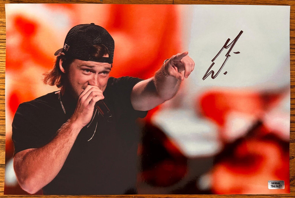 An autographed photo of country music star Morgan Wallen. Signed photograph in black ink on the front. poster Morgan Wallen autographs for sale on picture.