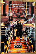 A cast autographed 8x12 collectible movie poster for the film 'My Cousin Vinny'. Signed photo of Joe Pesci, Ralph Macchio, Marisa Tomei, Mitchell Whitfield and Lane Smith in silver markers signatures. Photograph My Cousin Vinnt autographs for sale on 8x12 inch picture.