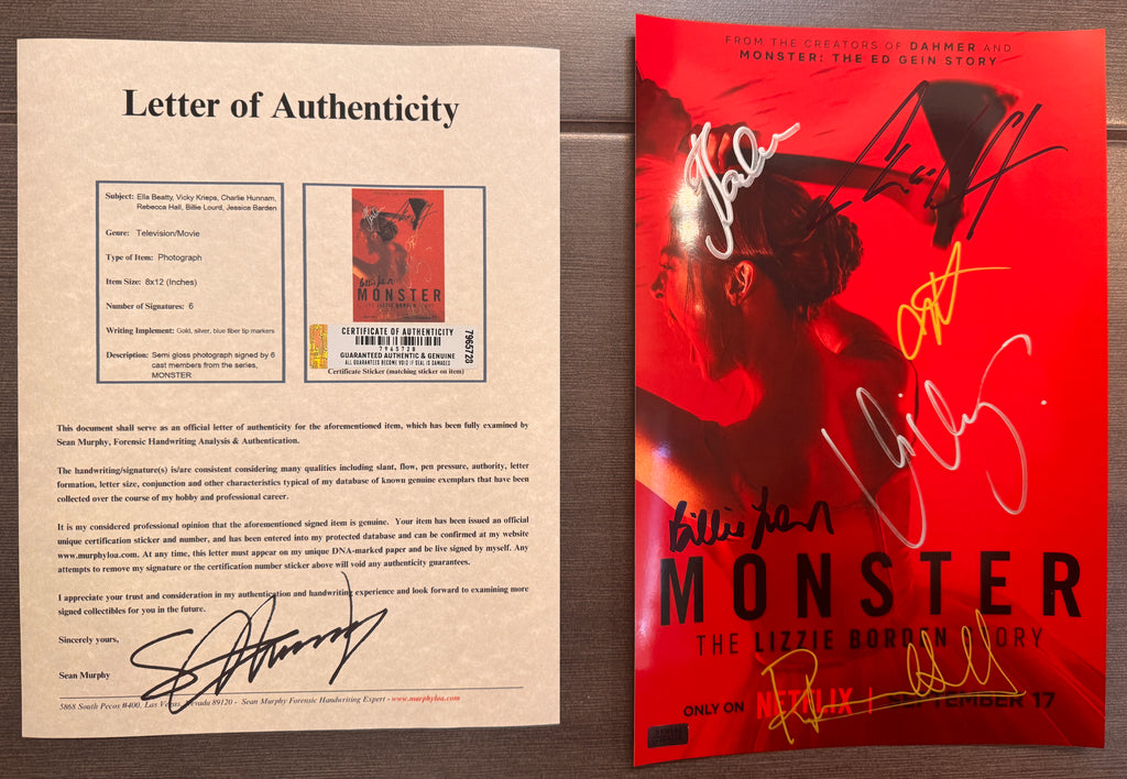 A cast autographed photo poster of the netflix series, MONSTER The Lizzie Borden Story. Signed photograph of Ella Beatty, Vicky Krieps, Charlie Hunnam, Rebecca Hall, Billie Lourd and Jessica Bardem in silver, blue, gold ink marker signatures. Photograph Monster The Lizzie Borden Story autographs for sale on 8x12 inch picture with COA