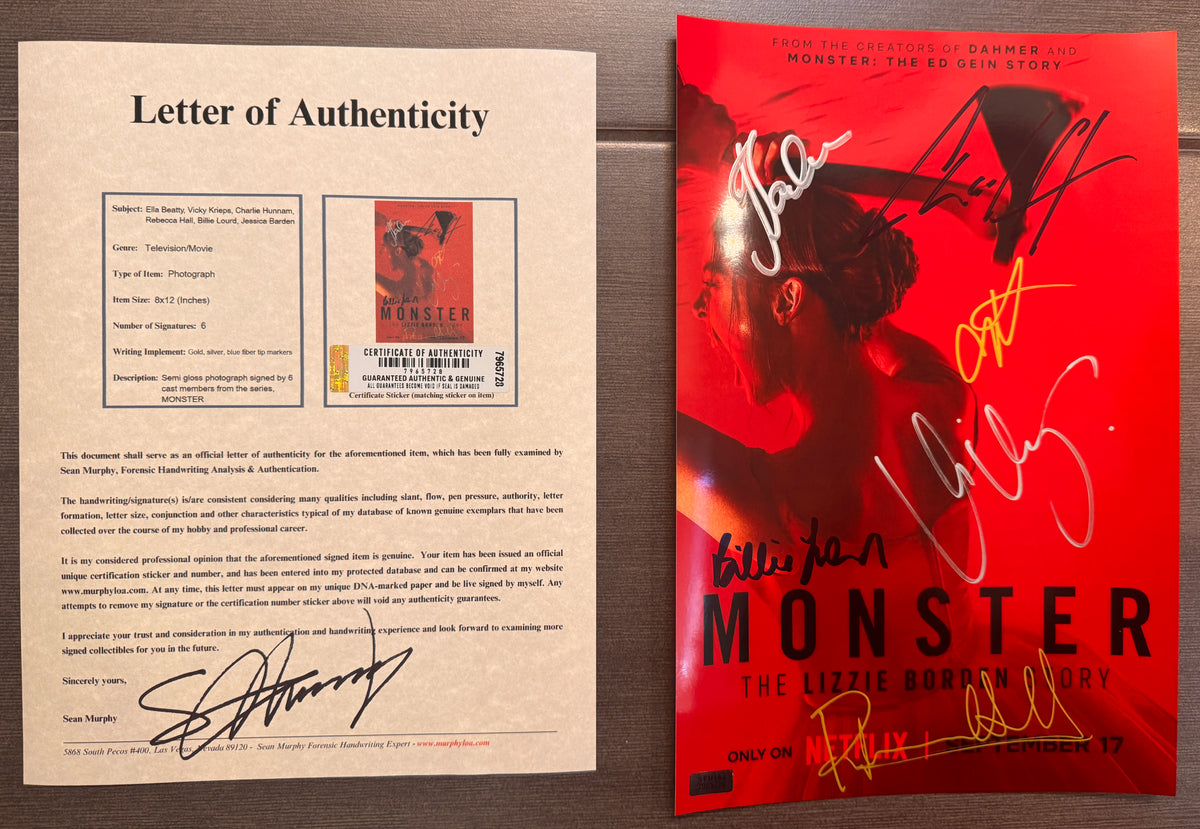 A cast autographed photo poster of the netflix series, MONSTER The Lizzie Borden Story. Signed photograph of Ella Beatty, Vicky Krieps, Charlie Hunnam, Rebecca Hall, Billie Lourd and Jessica Bardem in silver, blue, gold ink marker signatures. Photograph Monster The Lizzie Borden Story autographs for sale on 8x12 inch picture with COA