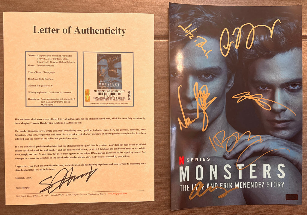 A cast autographed photo poster of the Netflix series, MONSTERS The Erik and Lyle Menendez Story. Signed photograph of Cooper Koch, Nicholas Alexander Chavez, Javier Bardem, Chloe Sevigny, Ari Graynor and Dallas Roberts in gold ink marker signatures. Photograph autographs for sale on 8x12 inch picture with COA.