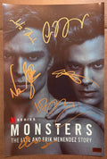 A cast autographed photo poster of the Netflix series, MONSTERS The Erik and Lyle Menendez Story. Signed photograph of Cooper Koch, Nicholas Alexander Chavez, Javier Bardem, Chloe Sevigny, Ari Graynor and Dallas Roberts in gold ink marker signatures. Photograph autographs for sale on 8x12 inch picture.