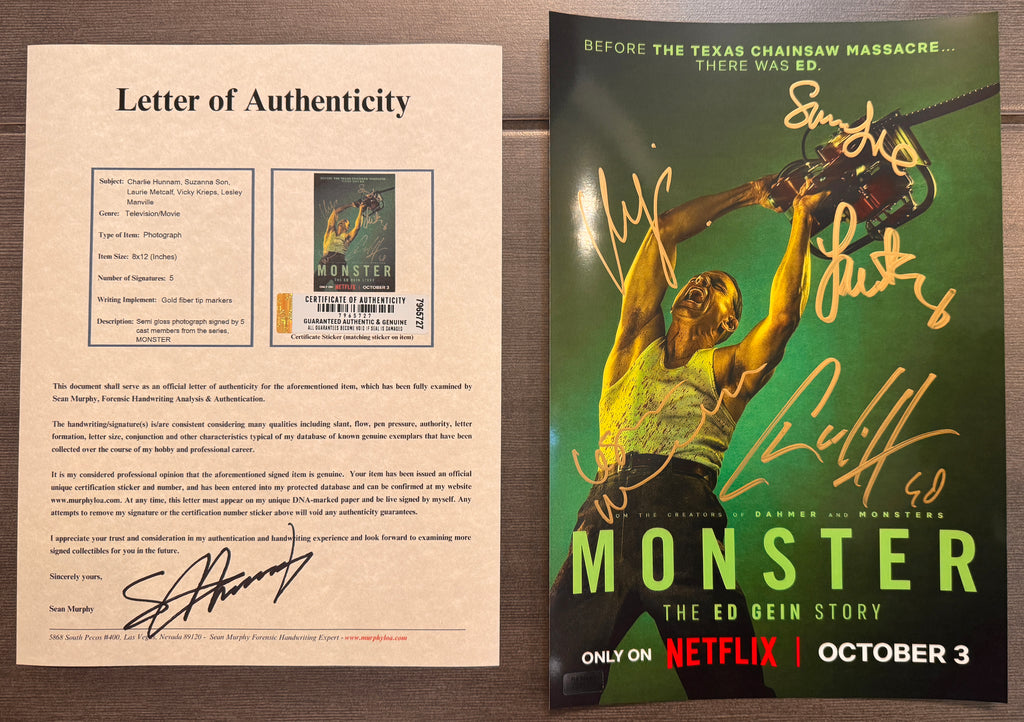 A cast autographed photo poster of the netflix series, Monster The Ed Gein Story. Signed photograph of Charlie Hunnam, Suzanna Son, Laurie Metcalf, Vicky Krieps and Leslie Manville in gold in marker signatures. Photograph Monster The Ed Gein Story autographs for sale on 8x12 inch picture with COA.