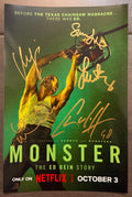 A cast autographed photo poster of the netflix series, Monster The Ed Gein Story. Signed photograph of Charlie Hunnam, Suzanna Son, Laurie Metcalf, Vicky Krieps and Leslie Manville in gold in marker signatures. Photograph Monster The Ed Gein Story autographs for sale on 8x12 inch picture.