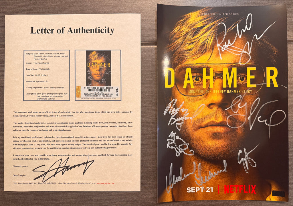A cast autographed photo poster of the Netflix series, Monster: The Jeffrey Dahmer Story. Signed photo of Evan Peters, Richard Jenkins, Molly Ringwald, Niecy Nash, Michael Learned and Rodney Burford in silver ink marker signatures. Photograph Monster The Jeffrey Dahmer Story autographs for sale on an 8x12 inch picture with COA