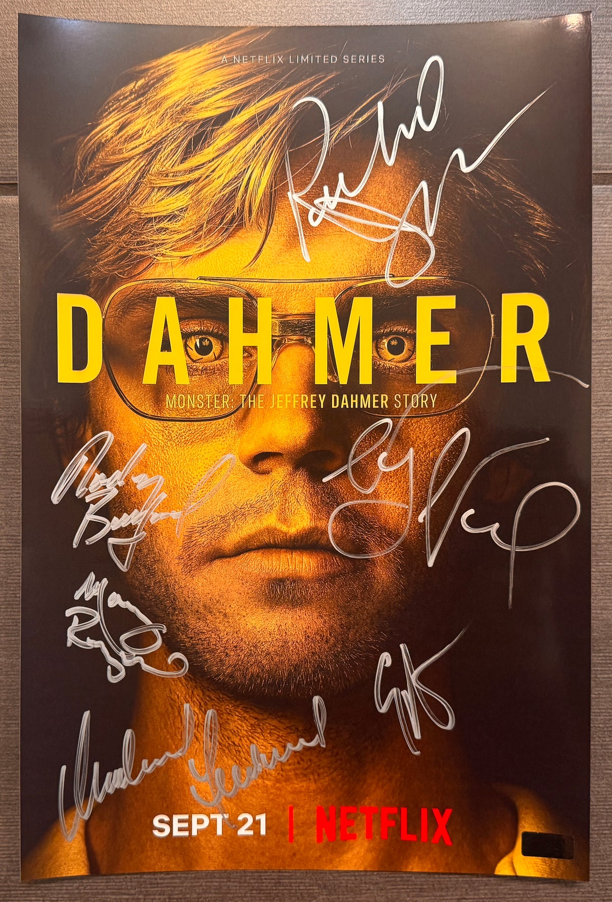 A cast autographed photo poster of the Netflix series, Monster: The Jeffrey Dahmer Story. Signed photo of Evan Peters, Richard Jenkins, Molly Ringwald, Niecy Nash, Michael Learned and Rodney Burford in silver ink marker signatures. Photograph Monster The Jeffrey Dahmer Story autographs for sale on an 8x12 inch picture.