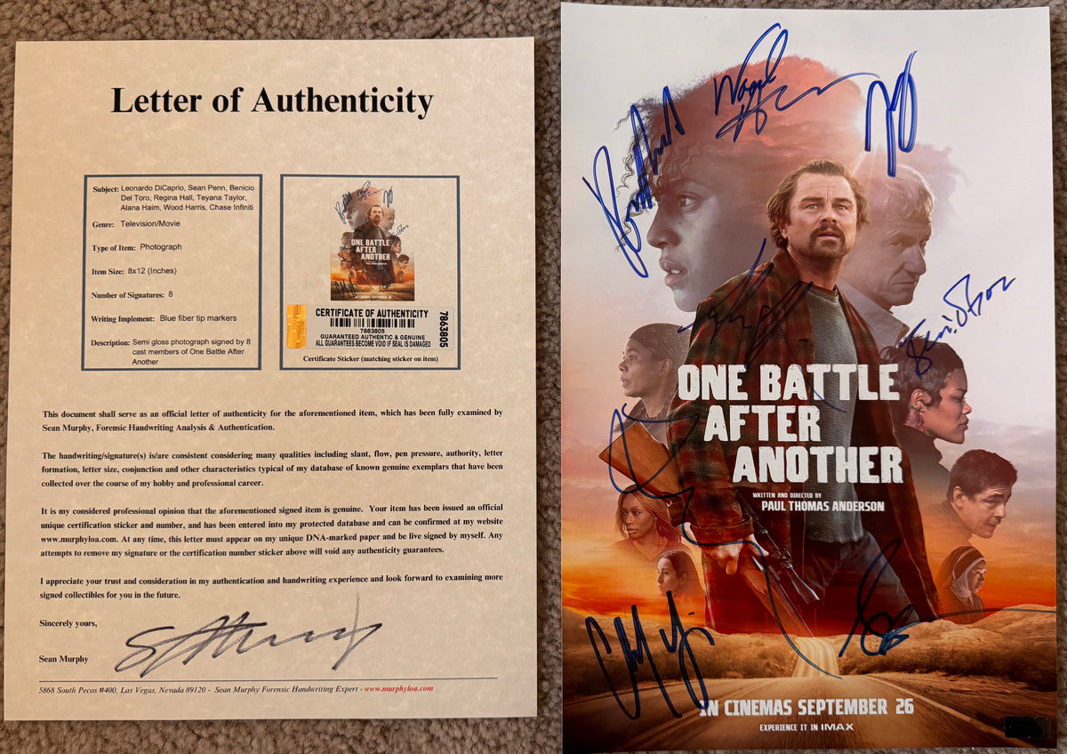 A cast autographed poster of the movie One Battle After Another. Signed photo of Leonardo DiCaprio, Sean Penn, Benicio Del Toro, Regina Hall, Teyana Taylor, Alana Haim, Wood Harris and Chase Infinit in blue ink marker signatures. Photograph autographs for sale on 8x12 inch picture with COA.