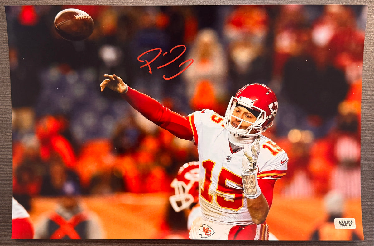 An autographed rc rookie patch auto photo poster of NFL Kansas City Chiefs quarterback player, Patrick Mahomes. Signed photograph in red ink marker signatures. Photograph Patrick Mahomes autographs for sale on 8x12 inch picture.