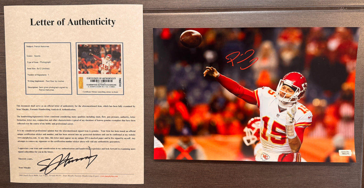 An autographed rc rookie patch auto photo poster of NFL Kansas City Chiefs quarterback player, Patrick Mahomes. Signed photograph in red ink marker signatures. Photograph Patrick Mahomes autographs for sale on 8x12 inch picture with COA.