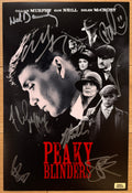 A cast autographed poster of the netflix television series Peaky Blinders. Signed photo of Cillian Murphy, Paul Anderson, Helen McCrory, Sophie Rundle, Ned Dennehy, Finn Cole, Ian Peck and Natasha O'Keeffe in silver ink marker signatures. Photograph autographs for sale on 8x12 inch picture.