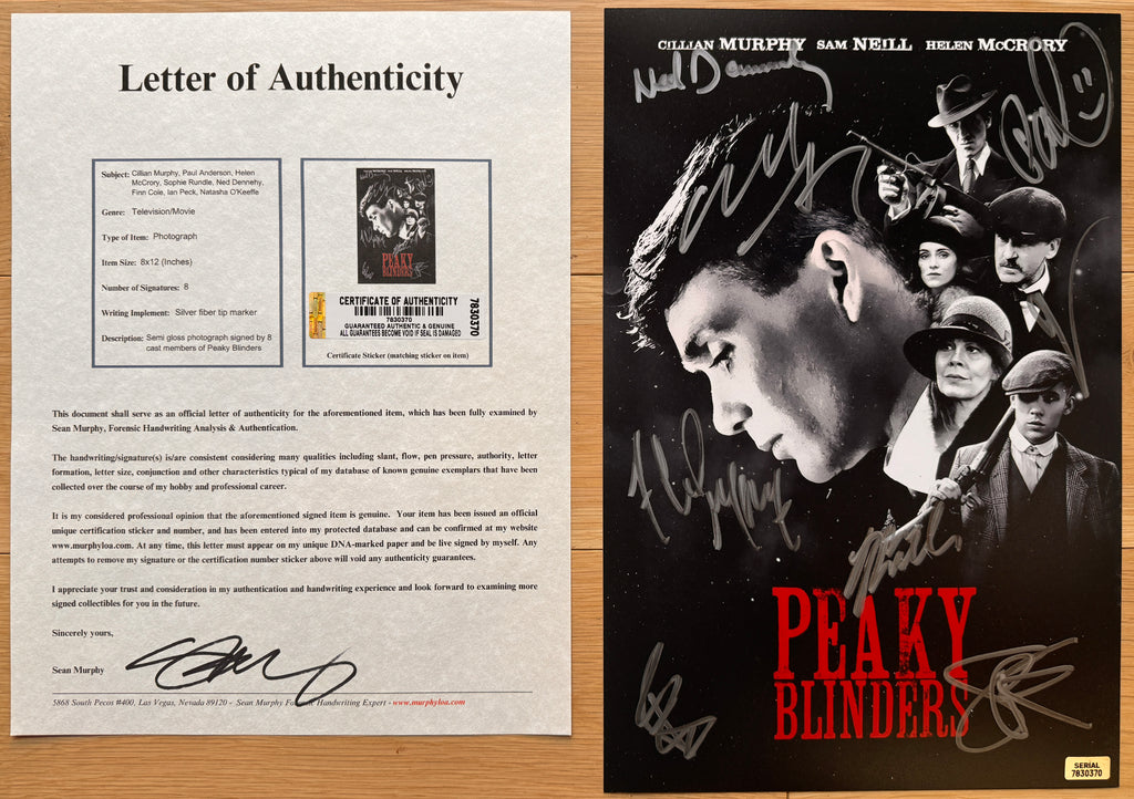 A cast autographed poster of the netflix television series Peaky Blinders. Signed photo of Cillian Murphy, Paul Anderson, Helen McCrory, Sophie Rundle, Ned Dennehy, Finn Cole, Ian Peck and Natasha O'Keeffe in silver ink marker signatures. Photograph autographs for sale on 8x12 inch picture with COA.