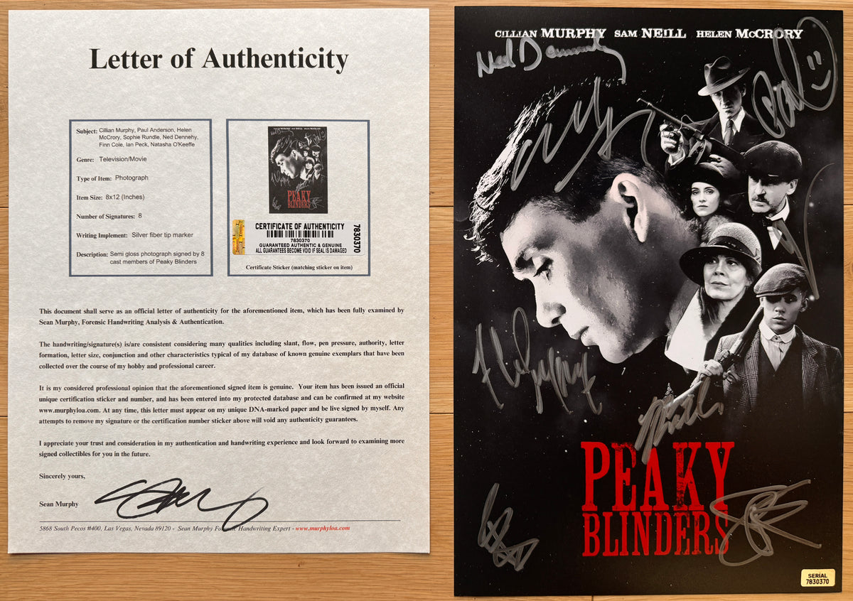 A cast autographed poster of the netflix television series Peaky Blinders. Signed photo of Cillian Murphy, Paul Anderson, Helen McCrory, Sophie Rundle, Ned Dennehy, Finn Cole, Ian Peck and Natasha O'Keeffe in silver ink marker signatures. Photograph autographs for sale on 8x12 inch picture with COA.