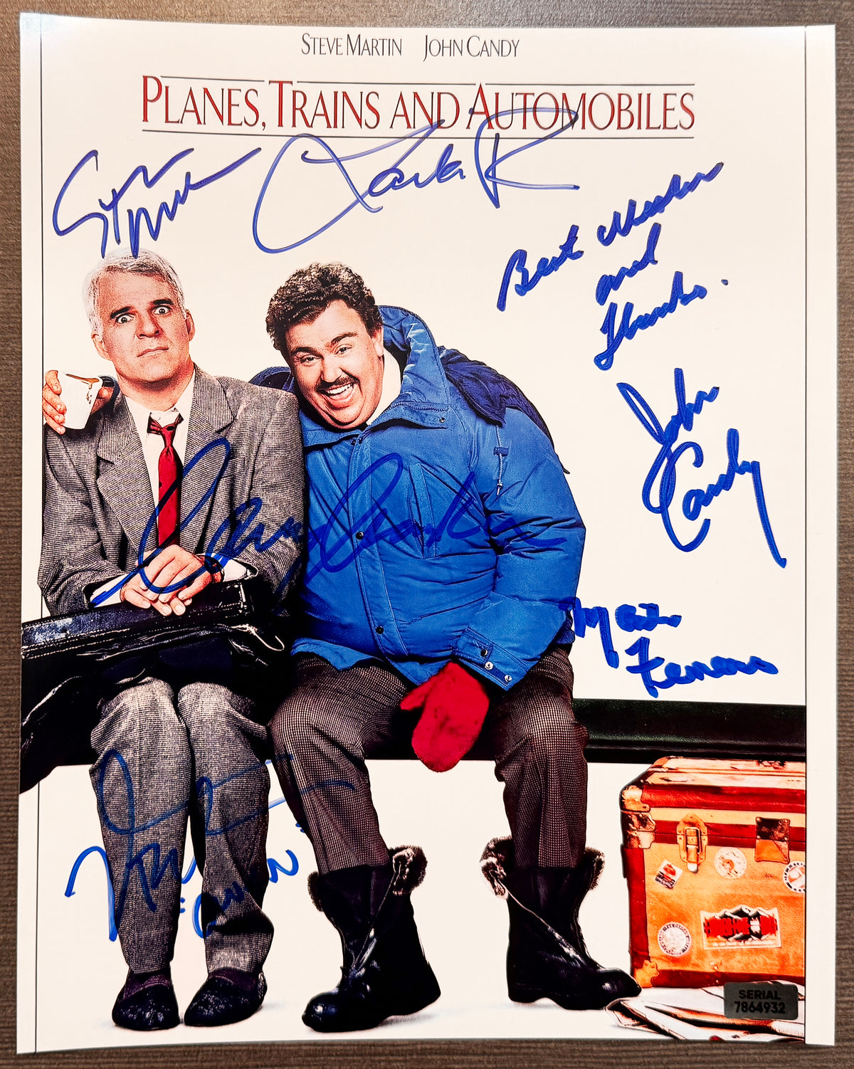 A cast autographed poster of the movie 'Planes, Trains and Automobiles'. Signed photo of John Candy, Steve Martin, Laila Robins, Dylan Baker, Martin Ferrero and Larry Hankin in blue ink markers signatures. Photograph autographs for sale on 8x12 inch picture.