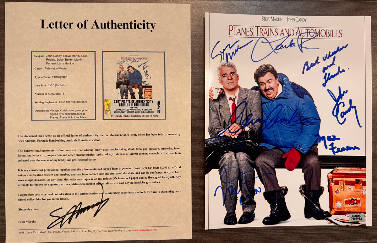 An autographed photo print of the movie 'Planes, Trains and Automobiles' Signed photograph by John Candy, Steve Martin, Laila Robins, Dylan Baker, Martin Ferrero and Larry Hankin. Poster is 8x12 inches in size. Autographs for sale with COA.