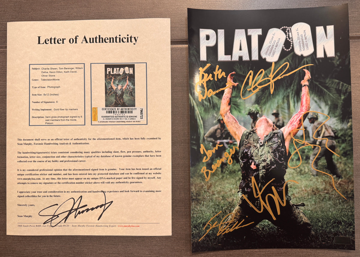 A cast autographed photo poster of the 1986 movie, Platoon. Signed photograph of Charlie Sheen, Tom Berenger, Willem Dafoe, Kevin Dillon, Keith David and Oliver Stone in gold ink marker signatures. Photograph Platoon autographs for sale on 8x12 inch picture with COA.