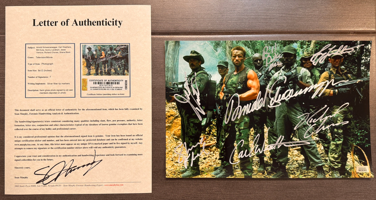 a cast signed movie poster of the 1987 movie Predator starring Arnold Schwarzenegger. Signed in silver ink marker by 7 cast members with a letter certificate of authenticity and full authenticated.