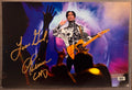An autographed photo poster of pop star musician, Prince. Also known as Prince Rogers Nelson. Signed photo in gold ink marker signatures. Photograph Prince Rogers Nelson autographs for sale on an 8x12 inch picture.