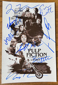 A cast autographed photo poster from the movie, Pulp Fiction. Signed photo of John Travolta, Uma Thurman, Samuel L. Jackson, Quentin Tarantino, Ving Rhames, Harvey Keitel, Bruce Willis and Tim Roth in blue ink markers signatures. Photograph Pulp Fiction autographs for sale on an 8x12 inch picture.