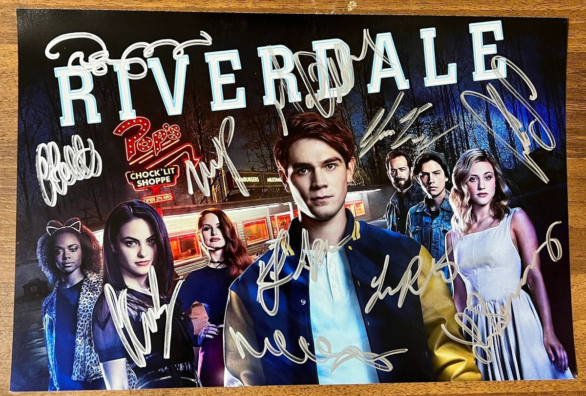 A cast autographed photo print of the TV show Riverdale. Signed poster of K.J. Apa, Lili Reinhart, Camila Mendes, Cole Sprouse, Casey Cott, Madelaine, Petsch, Marisol Nichols, Madchen Amick, Luke Perry, Ashleigh Murray and Charles Melton in silver ink markers signatures. Photograph Riverdale autographs for sale on 8x12 inch picture.