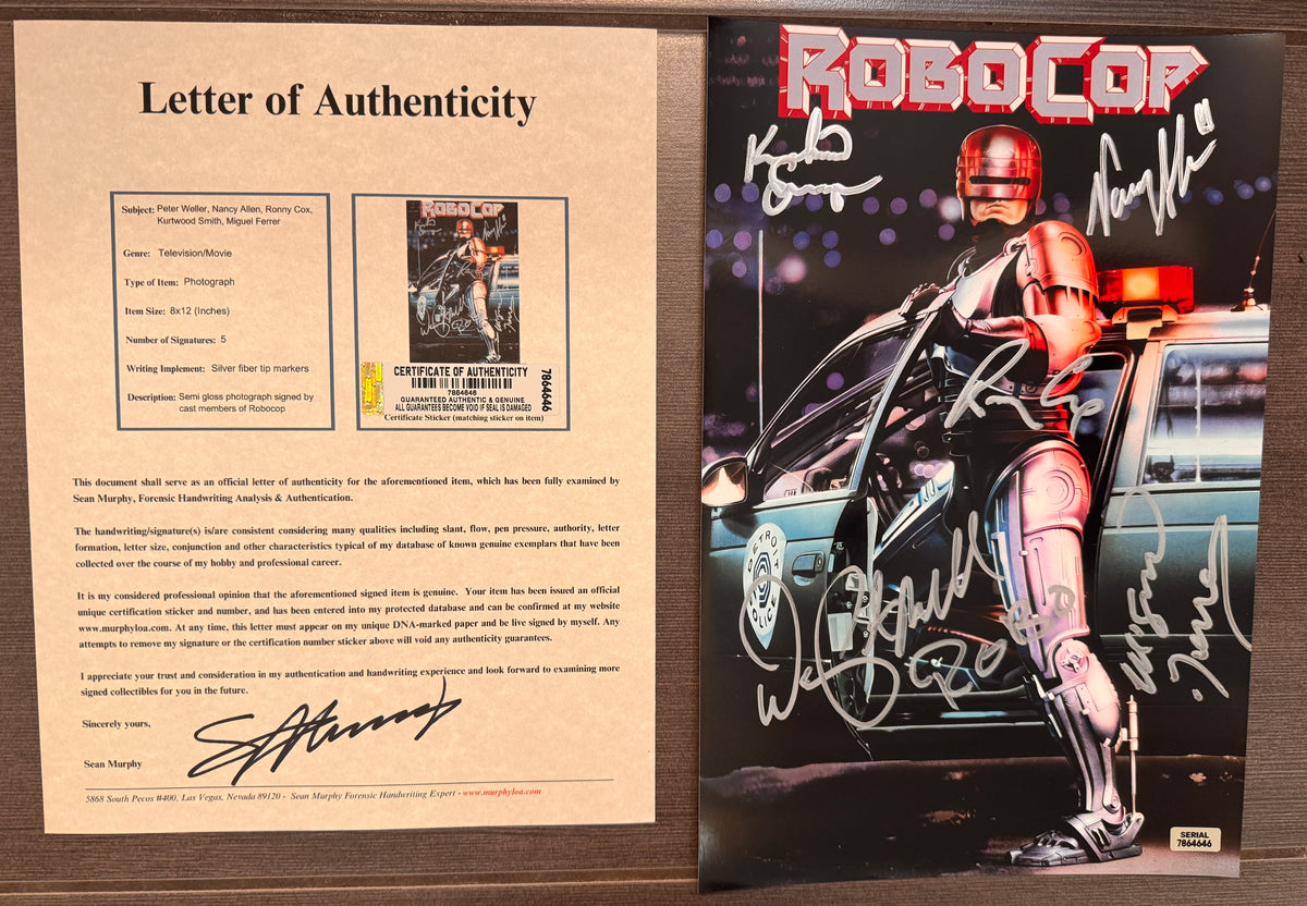 An autographed RoboCop poster featuring the robot standing beside a police car, signed by Peter Weller, Nancy Allen, Ronny Cox, Kurtwood Smith and Miguel Ferrer on the front and a small Serial Proof label in the bottom right corner. autograph in silver ink on an 8x12 inch photo photograph for sale with COA.