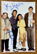 A cast autographed photo of the sitcom series, Seinfeld. Signed poster by Jerry Seinfeld, Michael Richards, Jason Alexander and Julia Louis-Dreyfus in blue and black ink markers signatures. photograph Sinefeld autographs for sale on  8x12 inch picture.