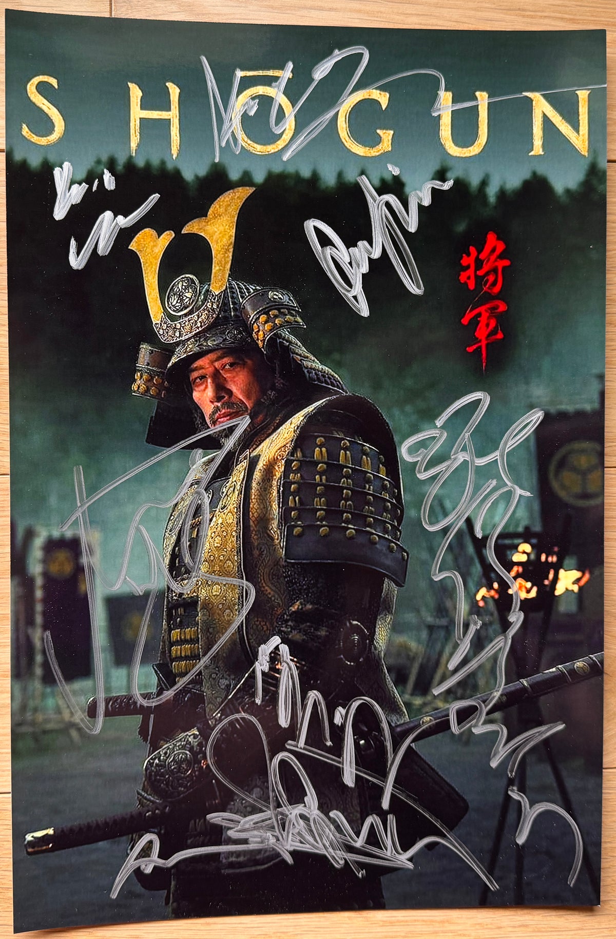 A cast signed 'Shogun' movie poster. Signed photo of Cosmo Jarvis, Hiroyuki Sanada, Anna Sawai, Tadanobu Asano, Yuki Kedoin, Takehiro Hira and Yuki Kura in silver ink marker signatures. Photograph autographs for sale on 8x12 inch picture.