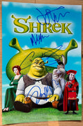 A cast autographed photo poster from the 2001 animated movie, Shrek. Signed photo of Mike Myers, Cameron Diaz, Eddie Murphy and John Lithgow in blue ink marker signatures. Photograph autographs for sale on 8x12 inch picture.
