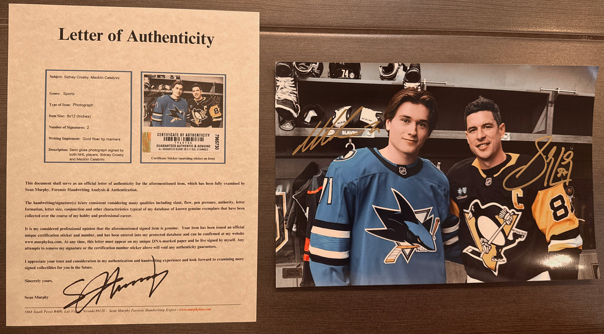  dual auto autographed photo poster of NHL star hockey players, Sidney Crosby and Macklin Celebrini. Signed photograph rookie patch auto in gold ink marker signatures. Photograph Macklin Celebrini autographs for sale on 8x12 inch picture with COA.