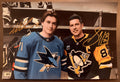 A dual auto autographed photo poster of NHL star hockey players, Sidney Crosby and Macklin Celebrini. Signed photograph rookie patch auto in gold ink marker signatures. Photograph Macklin Celebrini autographs for sale on 8x12 inch picture.
