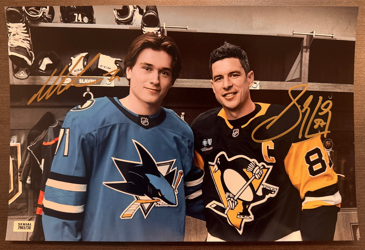 A dual auto autographed photo poster of NHL star hockey players, Sidney Crosby and Macklin Celebrini. Signed photograph rookie patch auto in gold ink marker signatures. Photograph Macklin Celebrini autographs for sale on 8x12 inch picture.